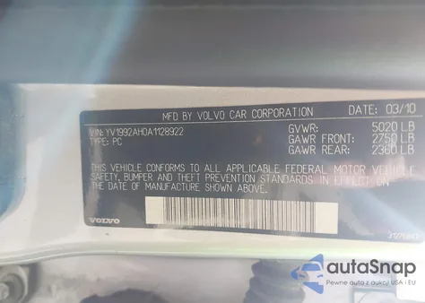 2010 Volvo S80 T6 из США, поврежденный, VIN YV1992AH0A1128922